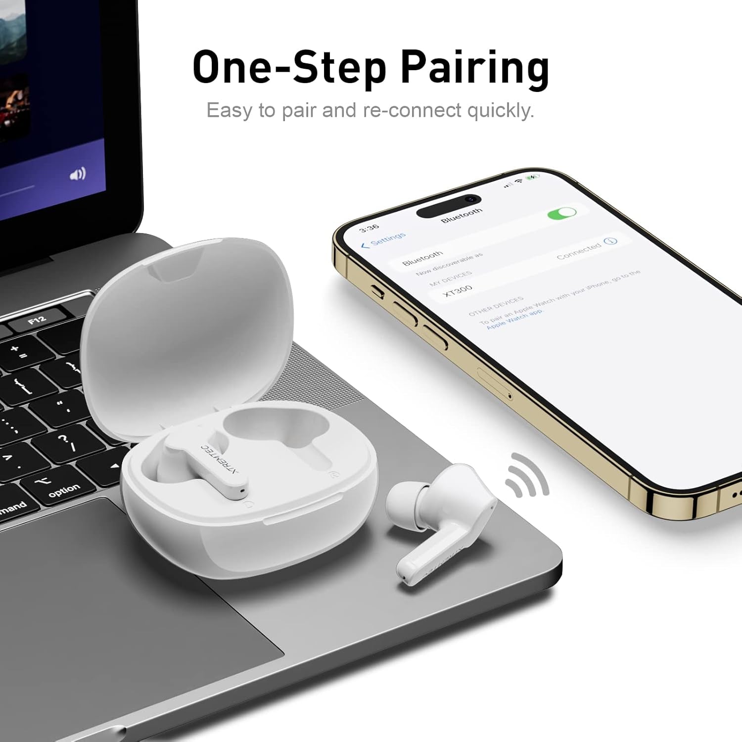 Bluetooth Noise Cancelling Wireless Earbuds for Iphone/Android, In-Ear Sweatproof Stereo Bass Headphones, Immersive Sound Bluetooth 5.2 Earphones with Microphones,En-Able Computer (White)